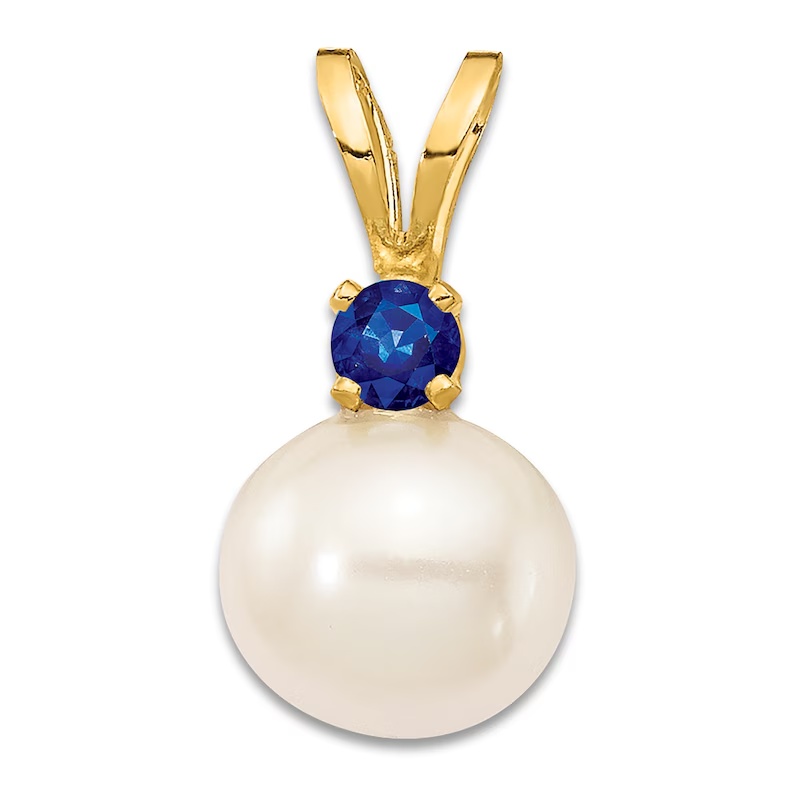 Natural Sapphire & Freshwater Cultured Pearl Necklace Charm 14K Yellow Gold